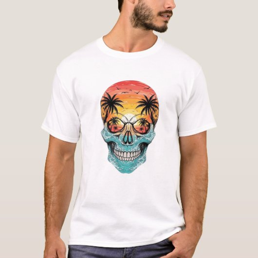 Tropical Sunset Skull | Beach Palm Tree Ocean Wave T-Shirt (Vorderseite)