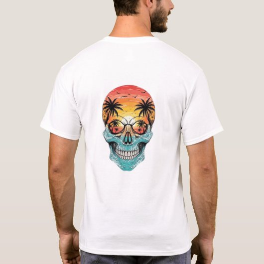 Tropical Sunset Skull | Beach Palm Tree Ocean Wave T-Shirt (Rückseite)