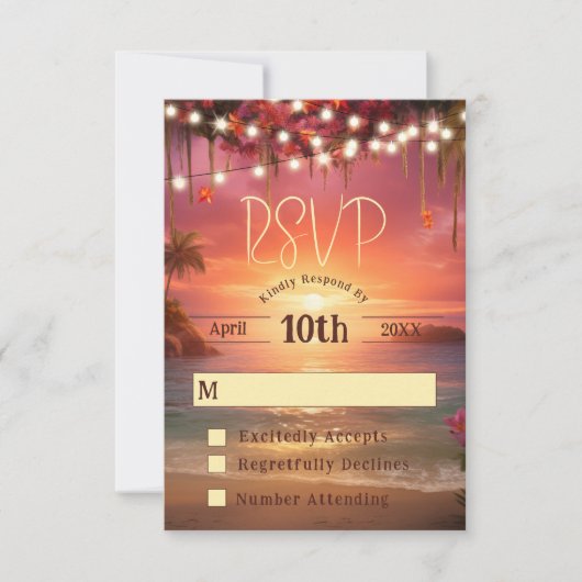 Tropical Sunset String Lights Beach Wedding RSVP Karte (Vorderseite)
