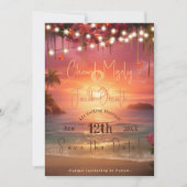 Tropical Sunset String Lights Beach Wedding Save The Date (Vorderseite)
