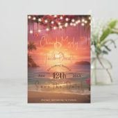 Tropical Sunset String Lights Beach Wedding Save The Date (Stehend Vorderseite)