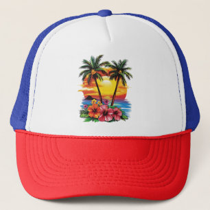 Tropical Sunset Trucker Hat - Palm Trees & Hibiscu Truckerkappe