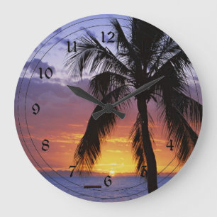 Tropical Sunset with Palm Tree Große Wanduhr