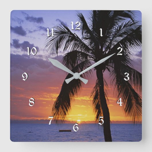 Tropical Sunset with Palm Tree Quadratische Wanduhr (Vorderseite)