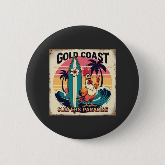 Tropical Surf Vibes - Retro Rooster & Waveboard T- Button (Vorderseite)