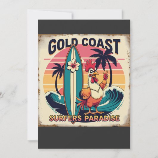 Tropical Surf Vibes - Retro Rooster & Waveboard T- Einladung (Vorderseite)