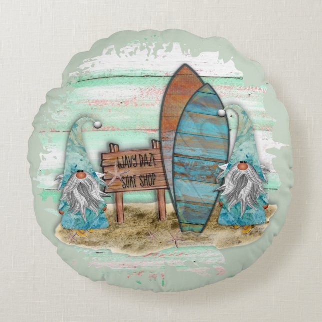 Tropical surfing Watercolor Beach Gnomes Rundes Kissen (Vorderseite)