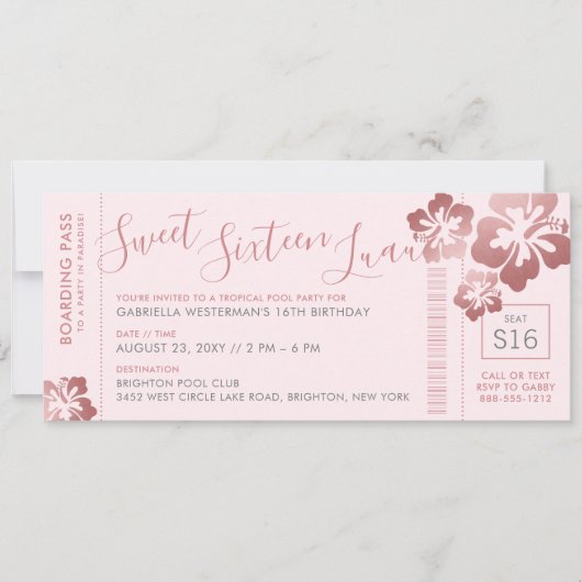 Tropical Sweet 16 Pool Luau Boarding Pass Einladung (Vorderseite)