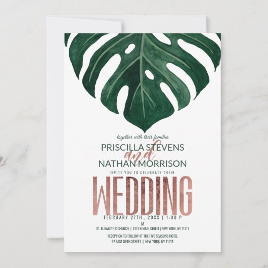 Tropical Swiss Cheese Leaf Rose Gold Wedding Einladung (Vorderseite)