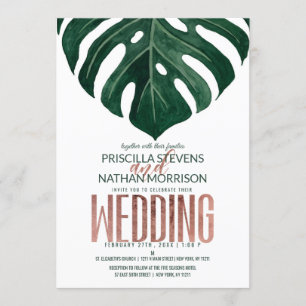 Tropical Swiss Cheese Leaf Rose Gold Wedding Einladung