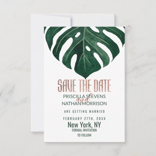 Tropical Swiss Cheese Leaf Rose Gold Wedding Save The Date (Vorderseite)