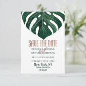 Tropical Swiss Cheese Leaf Rose Gold Wedding Save The Date (Stehend Vorderseite)