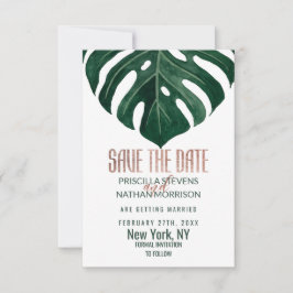 Tropical Swiss Cheese Leaf Rose Gold Wedding Save The Date