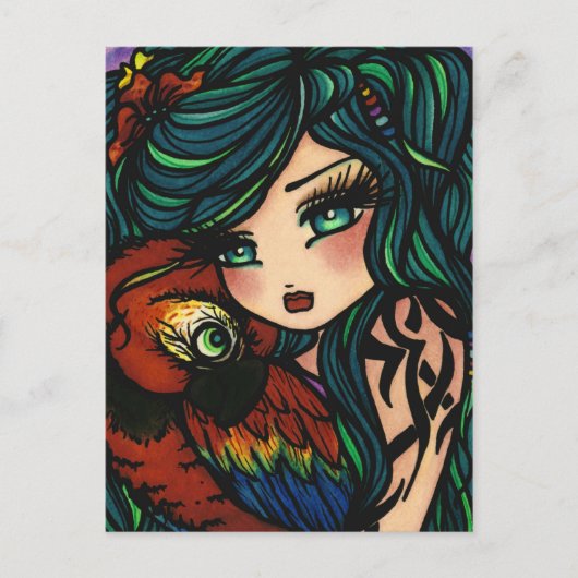 Tropical Tattoo Parrot Mermaid Fantasy Giro del Ma Postkarte (Vorderseite)