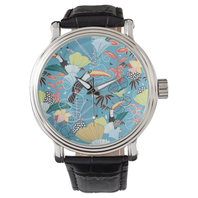 Tropical Texture With Toucans and Hummingbirds Armbanduhr (Vorderseite)