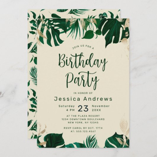 Tropical Themed Green Foliage Geburtstagsparty Einladung (Vorne/Hinten)