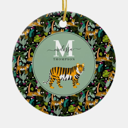 Tropical Tiger Black Botanle Safari Name Keramik Ornament (Vorne)