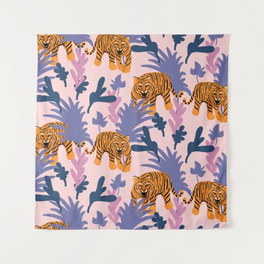 Tropical Tigers Jungle Vintag Pattern Wandteppich (Vorderseite)