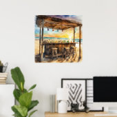 Tropical Tiki Bar at Sunset - Aquarell Vibe Poster (Heimbüro)