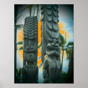 Tropical tiki statue sunset poster