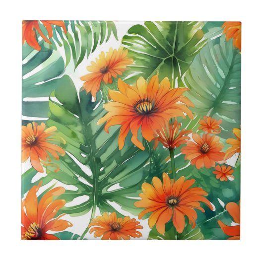 Tropical Tithonia Vibrannte Wasserfarbe Fliese (Vorderseite)