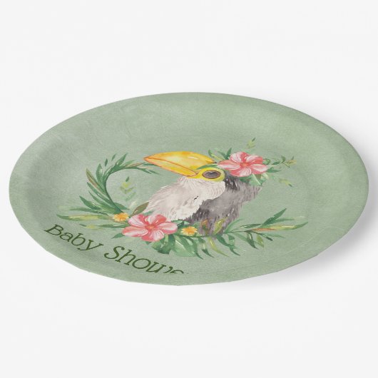 Tropical Toucan Bird Floral Baby Dusche Pappteller (Schrägansicht)