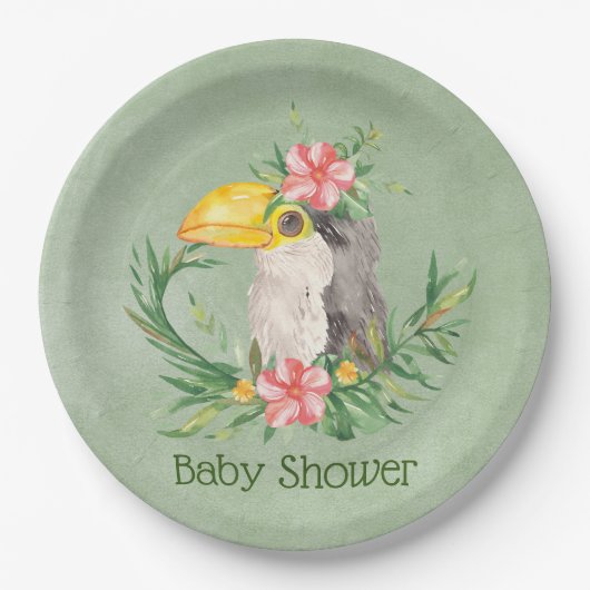 Tropical Toucan Bird Floral Baby Dusche Pappteller (Vorderseite)