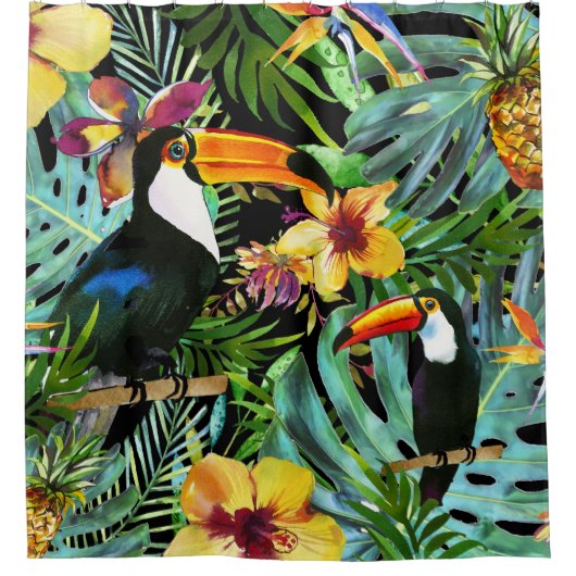 Tropical Toucan Paradise Palm Ananas Moderne Duschvorhang (Vorderseite)