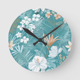 Tropical Turquoise & Terracotta Hibiscus Floral  Runde Wanduhr