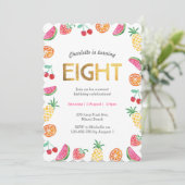 Tropical Tutti Fruitt Gold 8. Geburtstag Einladung (Stehend Vorderseite)