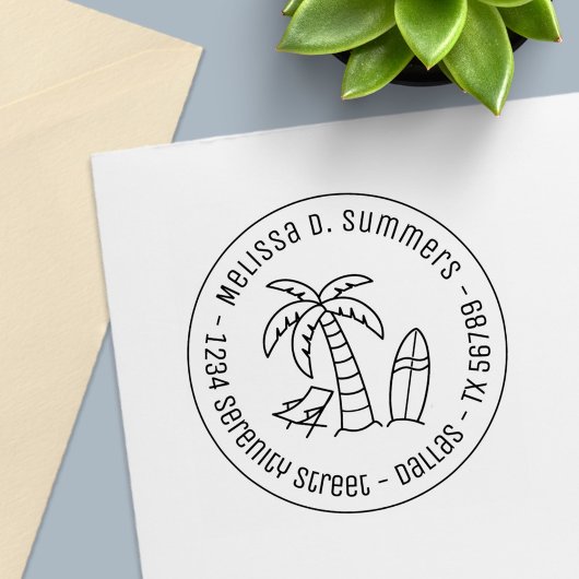 Tropical Vacation Palm Surfboard Runde Adresse Permastempel