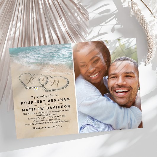 Tropical Vintag Beach Heart Wedding Foto Einladung