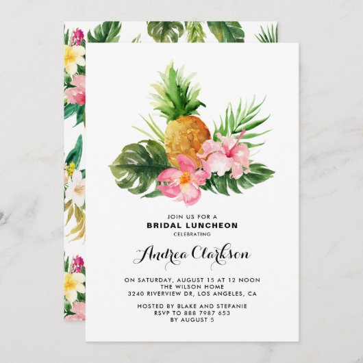 Tropical Watercolor Ananas Bridal Luncheon Einladung (Vorne/Hinten)