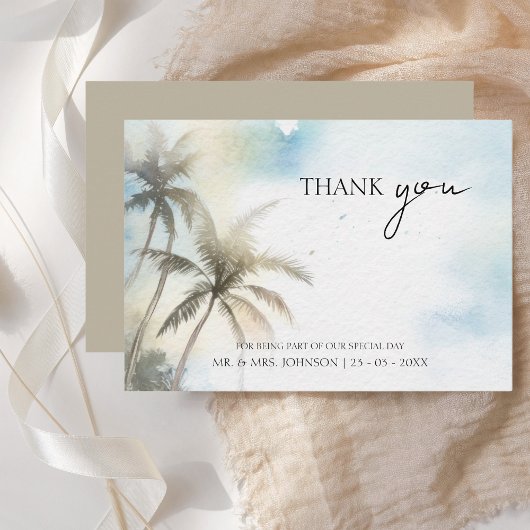 Tropical Watercolor Beach Palm Trees Wedding Dankeskarte