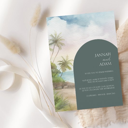 Tropical Watercolor Beach Palm Trees Wedding Einladung