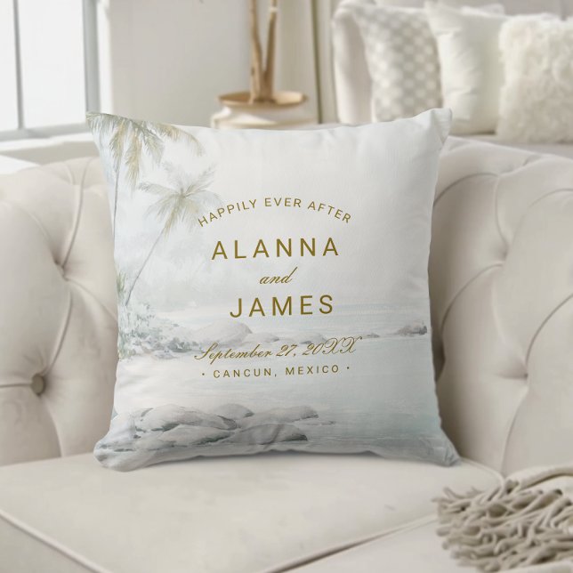 Tropical Watercolor Beach Wedding Keepsake Pillow  Kissen (Personalized beach wedding pillow with “Alanna and James” text on a cream tufted couch.)