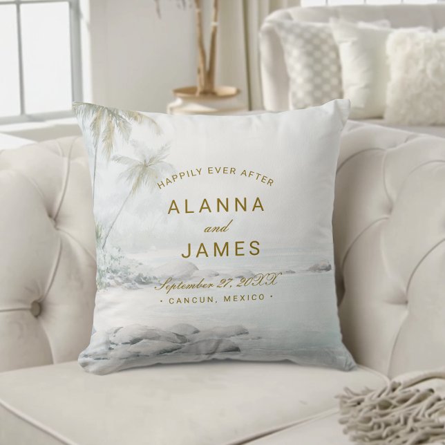 Tropical Watercolor Beach Wedding Photo Pillow Kissen (Beach-themed wedding pillow with “Alanna and James” and date text on a cream tufted sofa.)