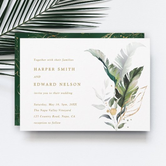 Tropical Watercolor Blätter Gold Wedding Einladung