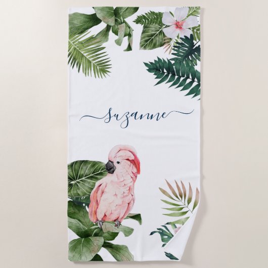 Tropical Watercolor-Blätter Skriptname Monogram Strandtuch (Vorderseite)