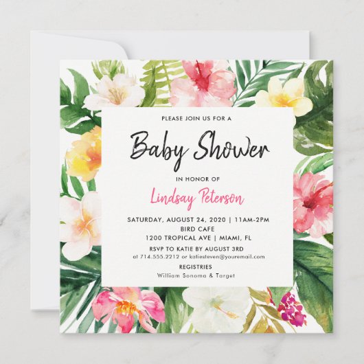 Tropical Watercolor Blätter Square Kinderdusche Einladung (Vorderseite)