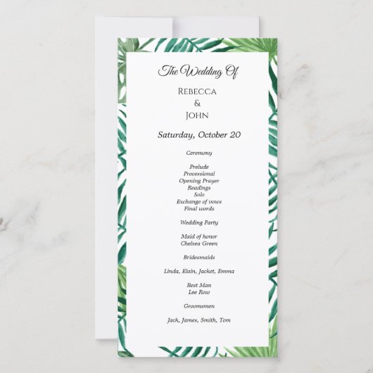 Tropical Watercolor Blätter Wedding Program Card (Vorderseite)