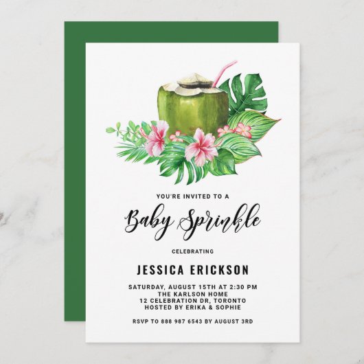 Tropical Watercolor Coconut Summer Baby Sprinkle Einladung (Vorne/Hinten)