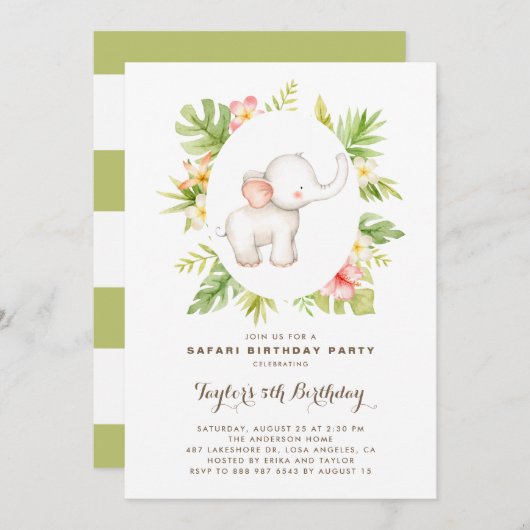 Tropical Watercolor Elephant Safari Kindergeburtst Einladung (Vorne/Hinten)