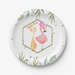 Tropical Watercolor Flamingo & Giraffe Kinderdusch Pappteller