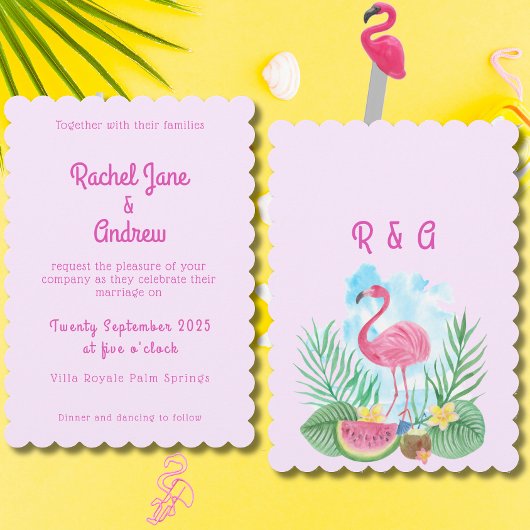 Tropical Watercolor Flamingo Pink Palm Wedding Einladung