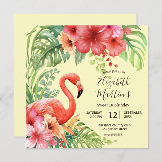 Tropical Watercolor Flamingos & Hibiskus Geburtsta Einladung (Vorne/Hinten)