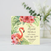 Tropical Watercolor Flamingos & Hibiskus Geburtsta Einladung (Stehend Vorderseite)