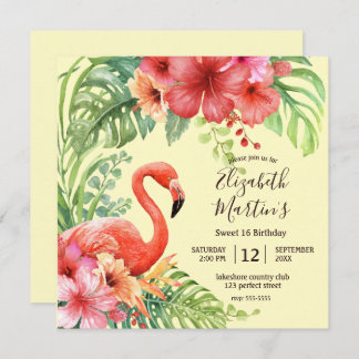 Tropical Watercolor Flamingos & Hibiskus Geburtsta Einladung