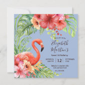 Tropical Watercolor Flamingos & Hibiskus Geburtsta Einladung (Vorderseite)