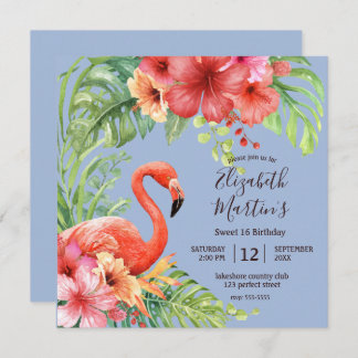 Tropical Watercolor Flamingos & Hibiskus Geburtsta Einladung